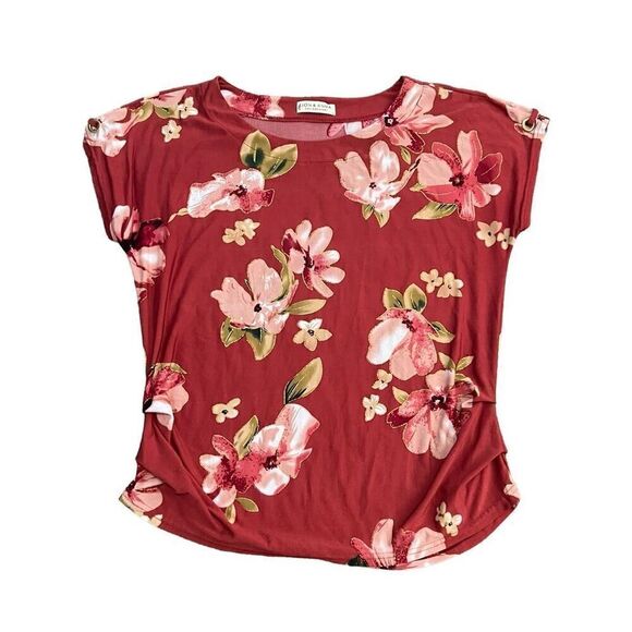 Jon & Anna Tops - JON & ANNA Red Floral Print Short Sleeve Blouse Size L
